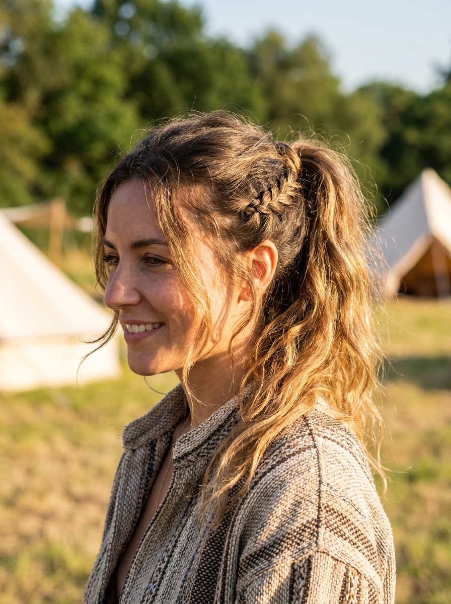 Wavy Ponytail mit geflochtener Basis als Festival Frisuren Inspiration 2026